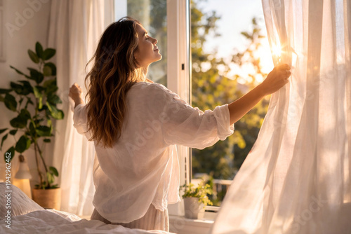 Woman opening window in bright bedroom as fresh morning sunlight fills the room, calm, healthy routine in cozy minimal interior