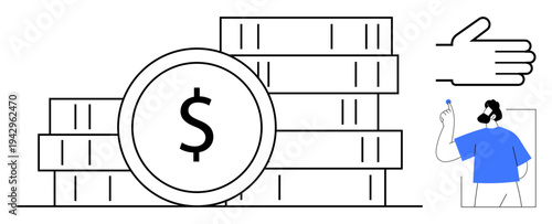 Financial planning, investment, savings, economic growth, business transactions, wealth management. Stack of coins with a dollar sign, a hand and a person. Financial planning and investment concept