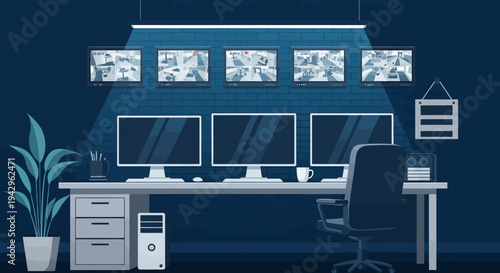 Illustration of a modern home office workspace with multiple computer monitors and a sleek desk setup in a dark blue background