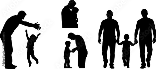 Heartwarming silhouettes of fathers and children demonstrating love, care, and strong family bonds.