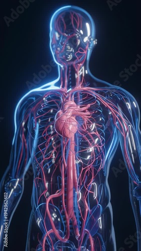 Detailed 3D illustration of the human circulatory system with heart and blood vessels.