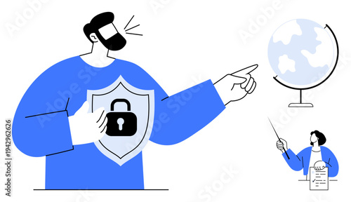 Man holding shield with lock icon, gesturing towards globe. Smaller educator figure explaining with pointer and document. Ideal for security, education, global awareness, communication, teaching