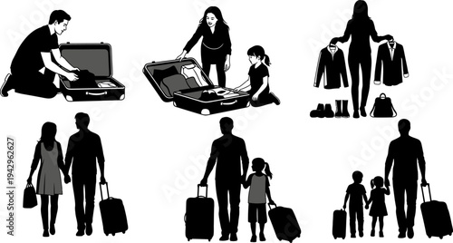 Various silhouettes illustrating people packing suitcases and traveling with luggage, preparing for a journey.