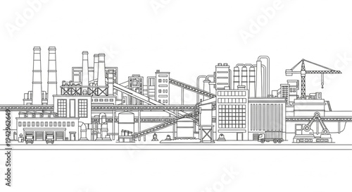 Industrial Factory Buildings Line Drawing.
