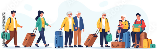 Diverse Generations of People Traveling with Luggage, Including Families and Seniors, Preparing for a Journey