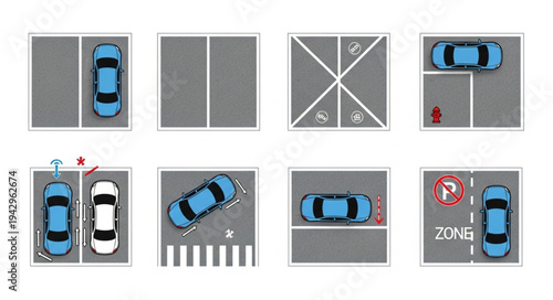 Various Parking Maneuvers and Road Markings Illustrated Top Down View.