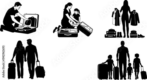 People packing suitcases and traveling with luggage, a comprehensive vector illustration set.