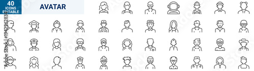 Modern avatar people line icons set designed for user profiles. Clean outline icons with editable stroke