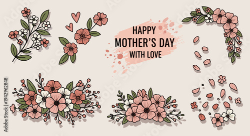 A delightful collection of floral elements and Mother's Day greetings in a modern, illustrative style