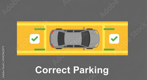 Top view of a car parked correctly in a parking space.