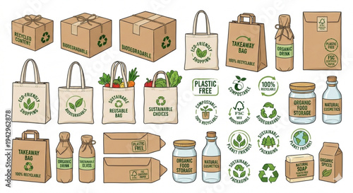 Eco friendly packaging and sustainable plastic free branding elements set