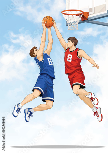 072-22-Animated basketball players jumping to block a shot during a game on a court under blue skys