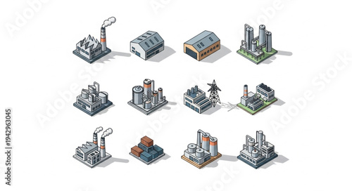 Isometric Industrial Buildings Collection Various Factory Types.