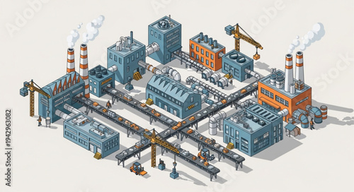 Industrial Factory Buildings with Machinery.