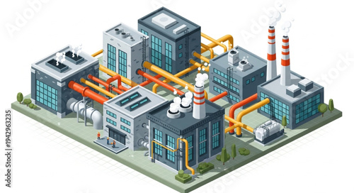 Industrial Factory Buildings with Pipes and Chimneys.