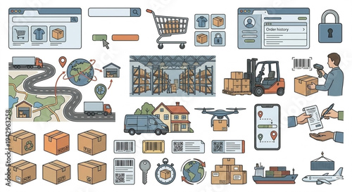 E-commerce and logistics icons with shipping delivery and online shopping elements