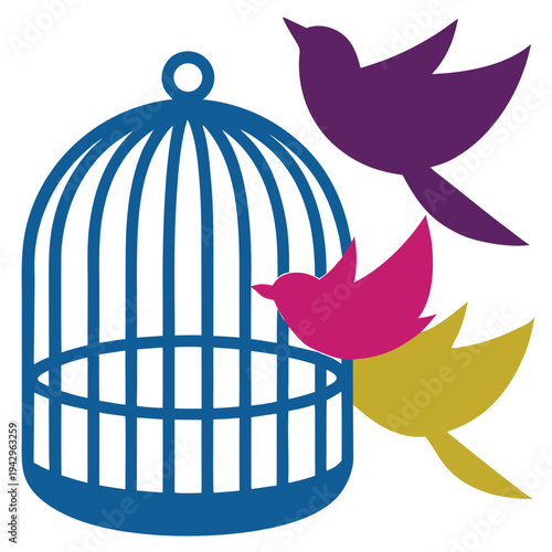 Birds flying out of open cage vector illustration representing freedom and liberation concept