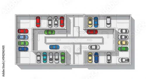 Aerial View of a Modern Underground Parking Garage with Cars.