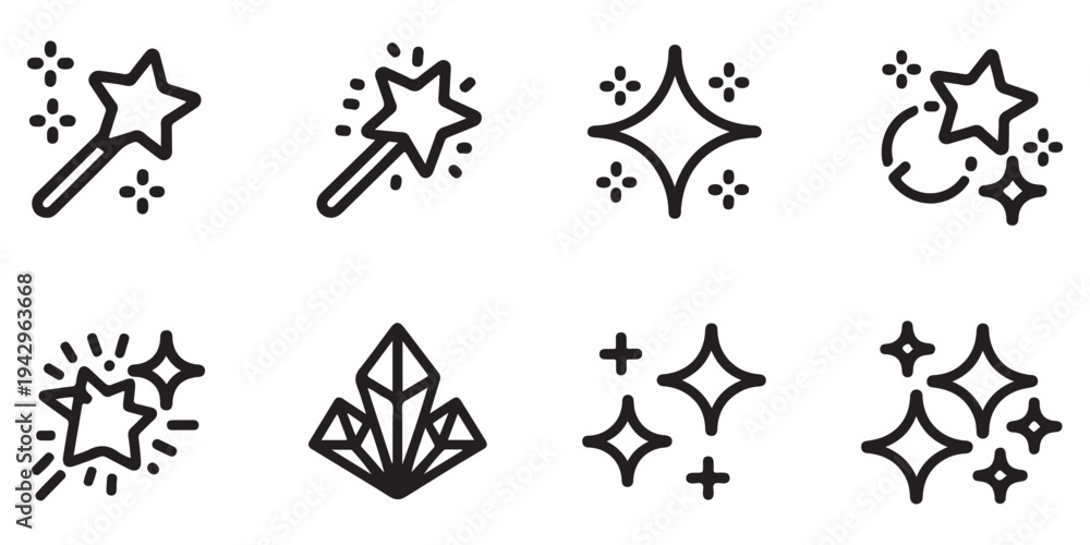 Fototapeta premium Fantasy Magic Icons Set Including Wands Stars and Crystals in Detailed Black Outline Vector Illustration