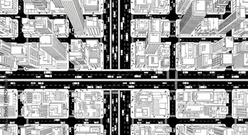 Aerial view of a city grid with streets and buildings.