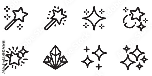 Fantasy Magic Icons Set Including Wands Stars and Crystals in Detailed Black Outline Vector Illustration