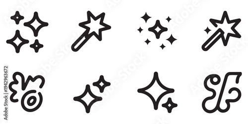 Hand Drawn Magic Wand and Star Icon Set with Whimsical Swirls and Sparkles in Black Outline Style