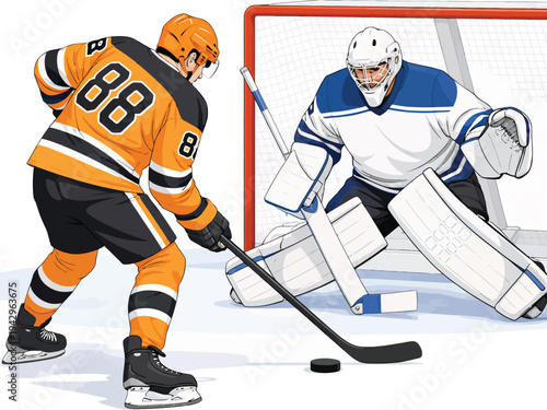 072-26-Hockey player with number 88 shooting puck on goalie defending net during a game