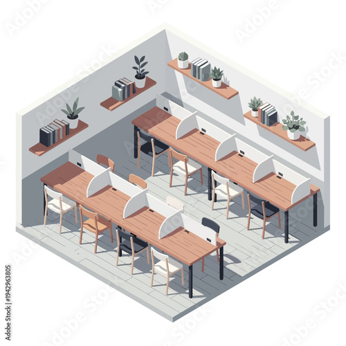 Isometric view of a modern open-plan office space with multiple workstations.