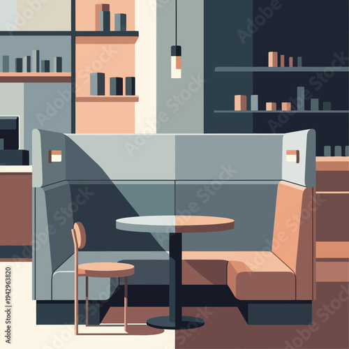 Modern Cafe Booth Seating with Table and Chair.