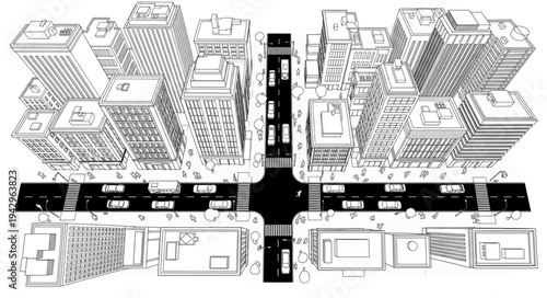 Aerial view of a busy city intersection with skyscrapers and traffic.