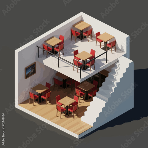 Isometric view of a modern multi-level cafe interior design with red chairs.