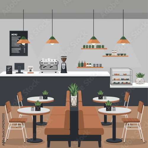 Modern Coffee Shop Interior with Empty Tables and Counter.