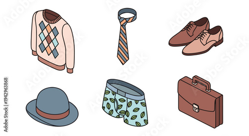 A collection of stylish clothing items including a sweater, tie, shorts, shoes, and hat in a modern illustration style