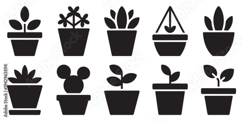 Collection of potted plant and succulent vector icons in black silhouette style for home decor and gardening