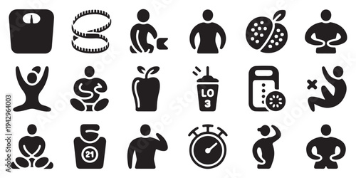 Healthy Lifestyle and Exercise Icon Set Featuring Yoga, Nutrition, and Fitness Equipment