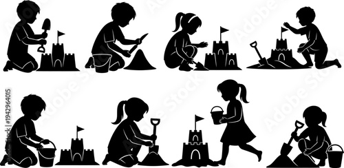 Silhouettes of children playing with sand, building sandcastles, and having fun