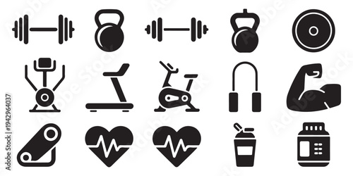 Fitness and Gym Icon Set featuring Workout Equipment and Healthy Lifestyle Symbols