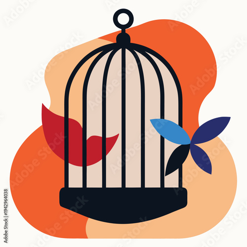 Bird cage with red and blue birds near orange abstract shapes