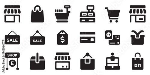 Shopping and Retail Icon Set with Storefronts, Bags, and Payment Symbols