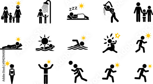 Collection of Summer Activities and Daily Routines Stick Figures Icons with Sun