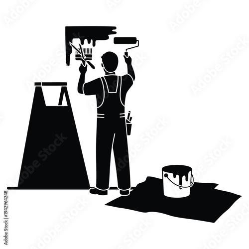 a black and white illustration of a man wearing overalls and holding a paintbrush and roller, painting a wall, with a paint can and drop cloth nearby
