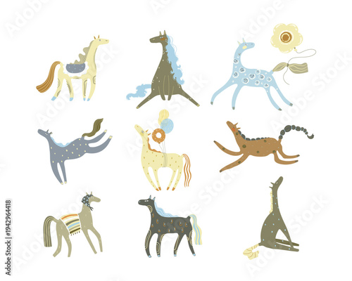 Big set with cute hand drawn horses. Vector illustration with animals.