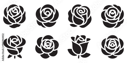 Detailed black rose flower head icons set, elegant floral silhouettes for decorative design