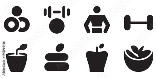 Fitness and Healthy Lifestyle Icon Set Featuring Dumbbells Weights and Nutritious Food Silhouettes