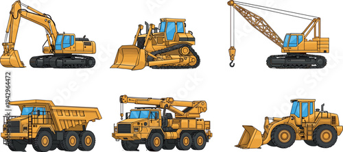Collection of heavy construction machinery including excavator bulldozer crawler crane dump truck mobile crane and wheel loader isolated industrial equipment vector illustration set