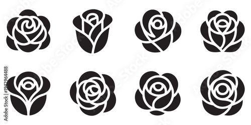 Various black rose flower head silhouettes, floral vector elements for greeting cards and invitations