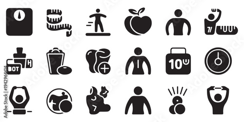 Comprehensive Health and Diet Icon Set with Weight Scale Measuring Tape and Fitness Silhouettes