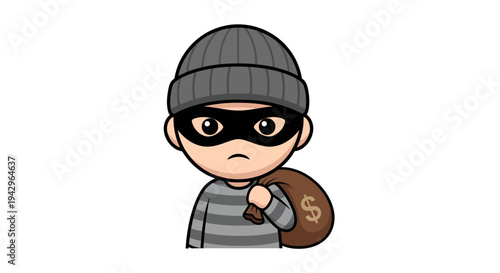 Thief cartoon illustration, vector style graphic for crime, robbery, theft, and security concepts.