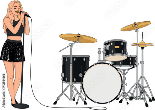 Female singer performing with microphone beside drum set illustration, live music performance concept with vocalist and musical instruments isolated on white background