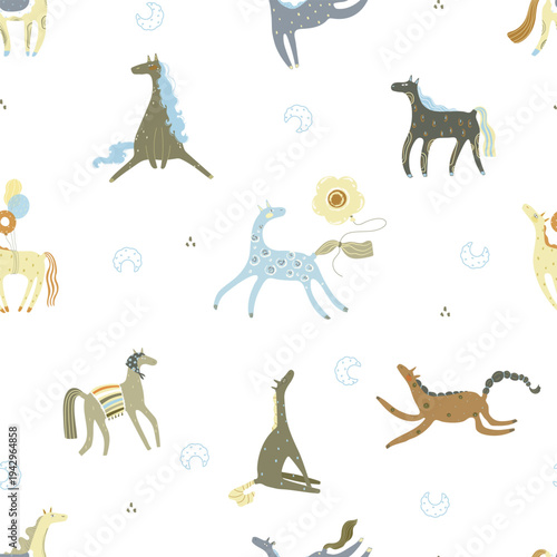 Cute hand drawn horses  and dots on white background. Vector illustration with farm animals, seamless pattern.
